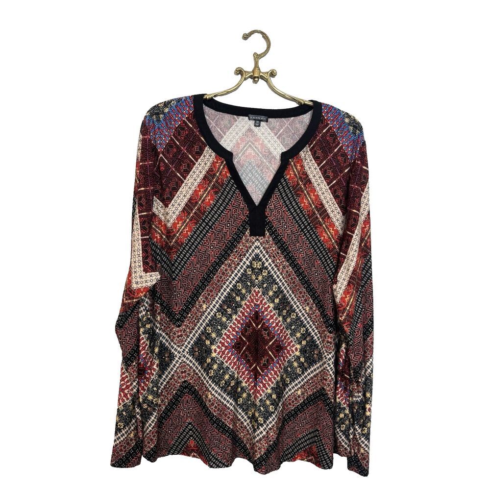 Hannah Knit‎ Geometric Long Sleeve Blouse Top Plus Size 2x Stretch Burgundy